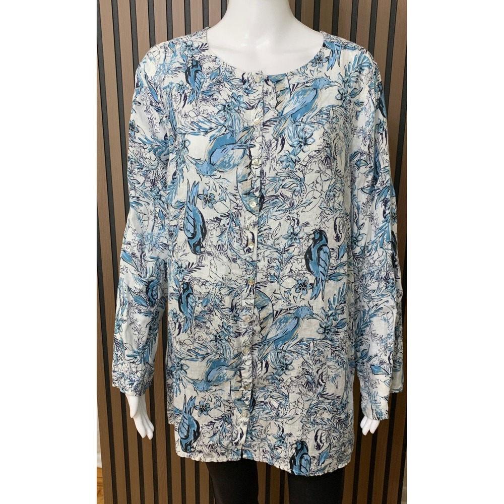 Tahari Women's 1X Linen Blue Bird Floral Print Button Down Tunic Top Classic
